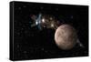 A Probe Investigating a Heavily Cratered Moon in Deep Space-null-Framed Stretched Canvas