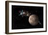 A Probe Investigating a Heavily Cratered Moon in Deep Space-null-Framed Premium Giclee Print