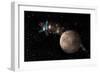 A Probe Investigating a Heavily Cratered Moon in Deep Space-null-Framed Premium Giclee Print