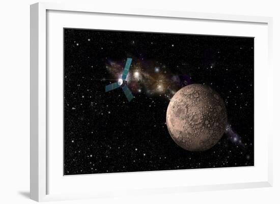 A Probe Investigating a Heavily Cratered Moon in Deep Space-null-Framed Art Print
