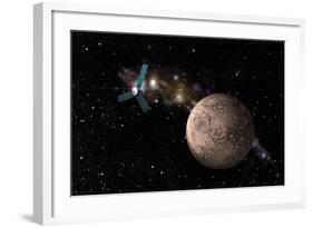 A Probe Investigating a Heavily Cratered Moon in Deep Space-null-Framed Art Print