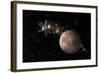 A Probe Investigating a Heavily Cratered Moon in Deep Space-null-Framed Art Print