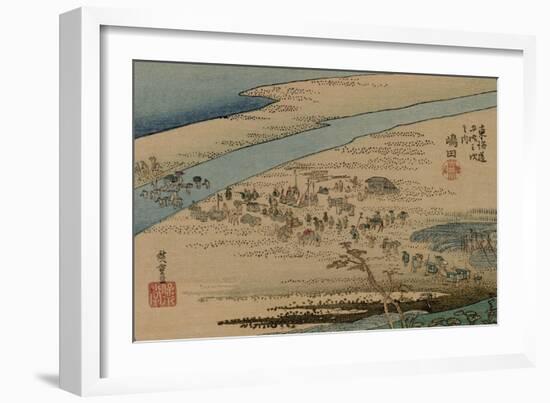 A Procession Travelers Make their Way over Sand Banks and the Oi River-Utagawa Hiroshige-Framed Art Print