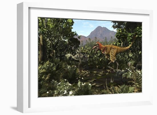 A Protofeathered Lythronax Comes Upon a Pair of Diabloceratops-null-Framed Art Print