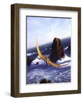 A Pteranodon Soars Above the Ocean and Rocks-null-Framed Art Print