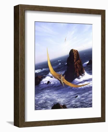 A Pteranodon Soars Above the Ocean and Rocks-null-Framed Art Print