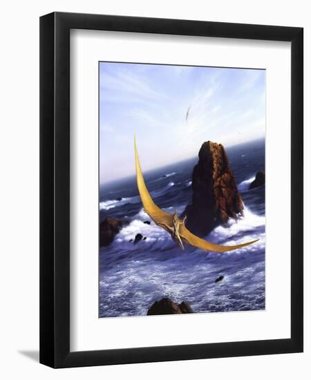 A Pteranodon Soars Above the Ocean and Rocks-null-Framed Art Print