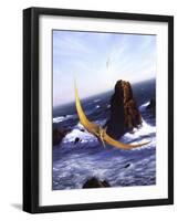 A Pteranodon Soars Above the Ocean and Rocks-null-Framed Art Print