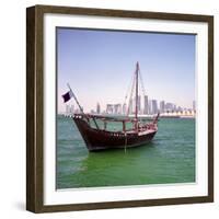 A Qatari Sailing Dhow, Called a Boom or Boum, with the National Flag Flying and the Doha Skyline-PaulCowan-Framed Photographic Print