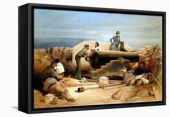 A Quiet Day in the Diamond Battery - Portrait of a Lancaster 68-Pounder, Crimean War 1855-1856-William Simpson-Framed Stretched Canvas