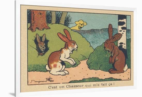 A Rabbit Comes Back to His Burrow Crying, His Ears Riddled with Leads. “A Hunter Did that to Me!” ,-Benjamin Rabier-Framed Giclee Print