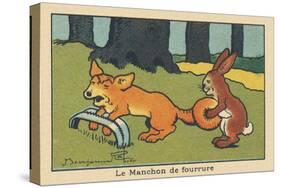 A Rabbit Makes a Muff out of the Fox's Tail Caught in a Trap.” the Fur Cuff” ,1936 (Illustration)-Benjamin Rabier-Stretched Canvas