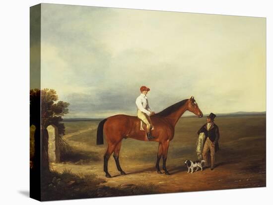 A Racehorse with a Jockey Up, with a Trainer and a Spaniel by a Gate-George Fenn (Attr to)-Stretched Canvas