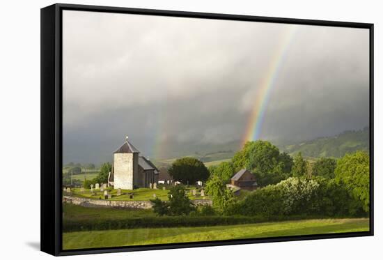 A Rainbow over St. David's Church in the Tiny Welsh Hamlet of Llanddewir Cwm, Powys, Wales-Graham Lawrence-Framed Stretched Canvas
