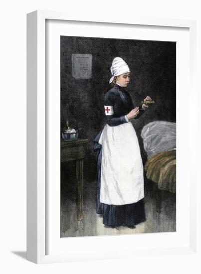 A Red Cross Hospital nurse Pouring Medicine, Late 1800s-null-Framed Giclee Print