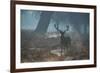 A Red Deer Stag Stands His Ground in a Misty Richmond Park-Alex Saberi-Framed Photographic Print