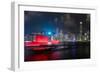 A red junk sailboat glides in front of the Hong Kong skyline at night, Hong Kong, China, Asia-Logan Brown-Framed Photographic Print