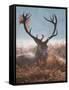 A Red Stag Adorns Himself with Foliage on a Winter Morning in Richmond Park-Alex Saberi-Framed Stretched Canvas