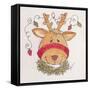 A Reindeer with Lights Strewn in its Antlers Wreath around its Neck-Beverly Johnston-Framed Stretched Canvas