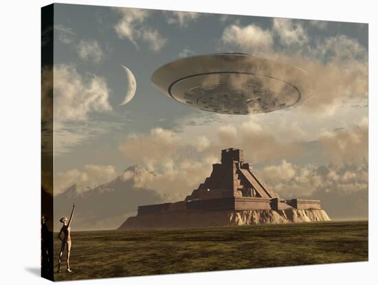 A Reptoid Greets an Incoming Flying Saucer Above a Pyramid.-Stocktrek Images-Stretched Canvas