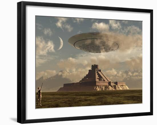 A Reptoid Greets an Incoming Flying Saucer Above a Pyramid.-Stocktrek Images-Framed Photographic Print