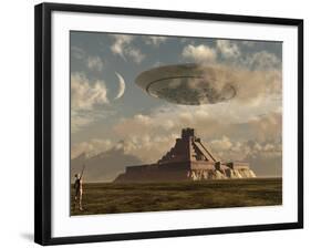 A Reptoid Greets an Incoming Flying Saucer Above a Pyramid.-Stocktrek Images-Framed Photographic Print