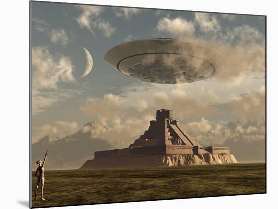 A Reptoid Greets an Incoming Flying Saucer Above a Pyramid.-Stocktrek Images-Mounted Photographic Print