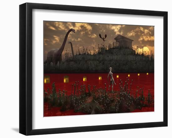 A Reptoid Looks across the River Towards an Ancient Temple Guarded by Dinosaurs-Stocktrek Images-Framed Photographic Print