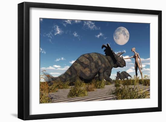 A Reptoid Using Telepathy to Communicate with a Albertaceratops Dinosaur-Stocktrek Images-Framed Art Print