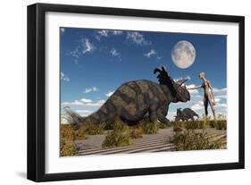 A Reptoid Using Telepathy to Communicate with a Albertaceratops Dinosaur-Stocktrek Images-Framed Art Print