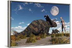 A Reptoid Using Telepathy to Communicate with a Albertaceratops Dinosaur-Stocktrek Images-Framed Art Print