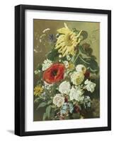 A Rich Still Life with Sunflower and Roses-C.f. Hurten-Framed Giclee Print