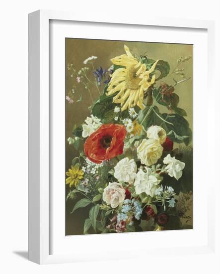 A Rich Still Life with Sunflower and Roses-C.f. Hurten-Framed Giclee Print