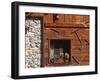 A Rich Wooden Wall with Rustic Tools and Window and a Stone Wall-null-Framed Photographic Print