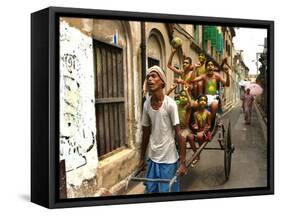 A Rickshaw Puller Carries Supporters of Brazil Soccer Team-null-Framed Stretched Canvas