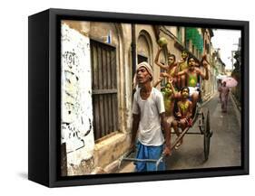 A Rickshaw Puller Carries Supporters of Brazil Soccer Team-null-Framed Stretched Canvas
