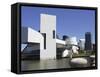 A Ring-Billed Gull Takes Flight in Front of the Rock and Roll Hall of Fame and Museum-null-Framed Stretched Canvas