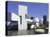 A Ring-Billed Gull Takes Flight in Front of the Rock and Roll Hall of Fame and Museum-null-Stretched Canvas