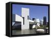 A Ring-Billed Gull Takes Flight in Front of the Rock and Roll Hall of Fame and Museum-null-Framed Stretched Canvas