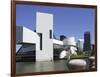 A Ring-Billed Gull Takes Flight in Front of the Rock and Roll Hall of Fame and Museum-null-Framed Photographic Print