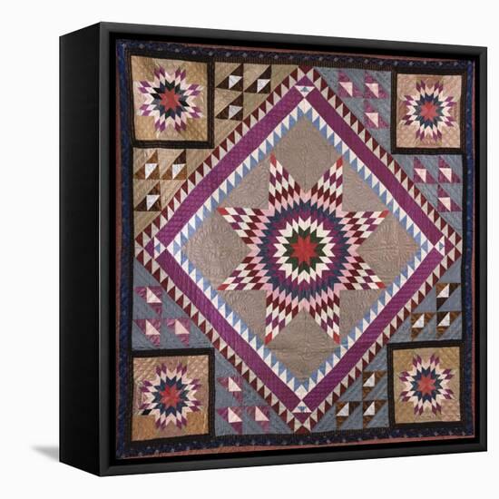 A Rising Star Design Coverlet, Probably Philadelphia, Pieced and Quilted Silk, 1880, 1890-null-Framed Stretched Canvas