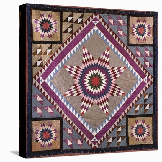 A Rising Star Design Coverlet, Probably Philadelphia, Pieced and Quilted Silk, 1880, 1890-null-Stretched Canvas