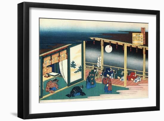 A ritual for the full autumn moon; A priest holds a " gohei",an accolite offers a cup of sake.-Katsushika Hokusai-Framed Giclee Print