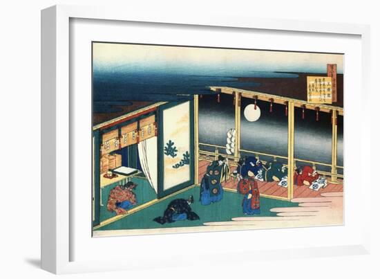 A ritual for the full autumn moon; A priest holds a " gohei",an accolite offers a cup of sake.-Katsushika Hokusai-Framed Giclee Print