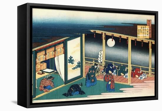 A ritual for the full autumn moon; A priest holds a " gohei",an accolite offers a cup of sake.-Katsushika Hokusai-Framed Stretched Canvas