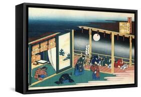 A ritual for the full autumn moon; A priest holds a " gohei",an accolite offers a cup of sake.-Katsushika Hokusai-Framed Stretched Canvas