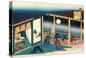 A ritual for the full autumn moon; A priest holds a " gohei",an accolite offers a cup of sake.-Katsushika Hokusai-Stretched Canvas