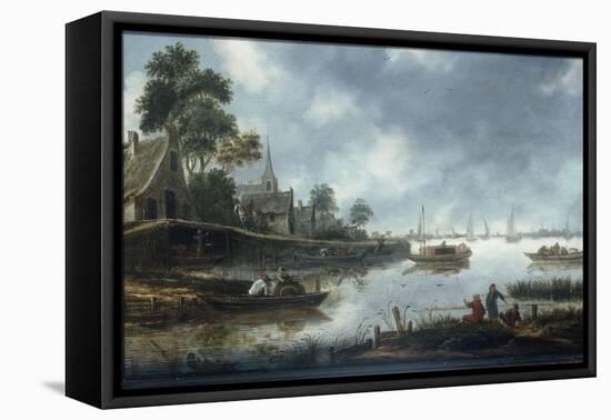 A River Estuary with Fishermen and Other Figures in Boats, the Town of Haarlem Beyond, 1675-Thomas Heeremans-Framed Stretched Canvas