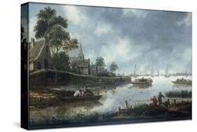 A River Estuary with Fishermen and Other Figures in Boats, the Town of Haarlem Beyond, 1675-Thomas Heeremans-Stretched Canvas