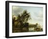A River Landscape with a Hayloft Among Trees and a Ferryboat with Passengers and Cattle-George Henry Clements-Framed Giclee Print